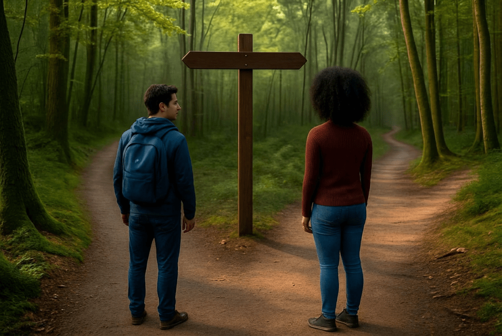 Two men walking on diverging forest trails beside a wooden signpost