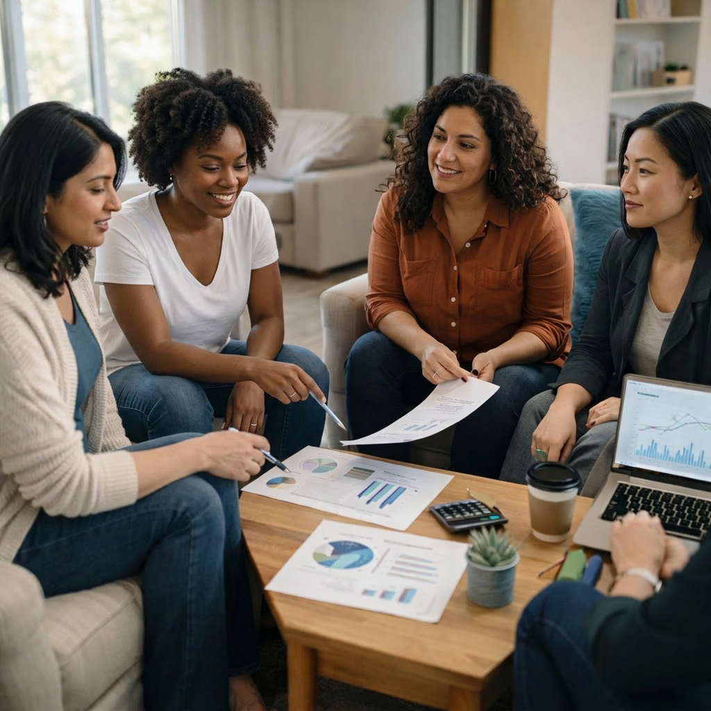 Woman speaking at a podium during a women’s finance seminar with seated audience and investment growth chart