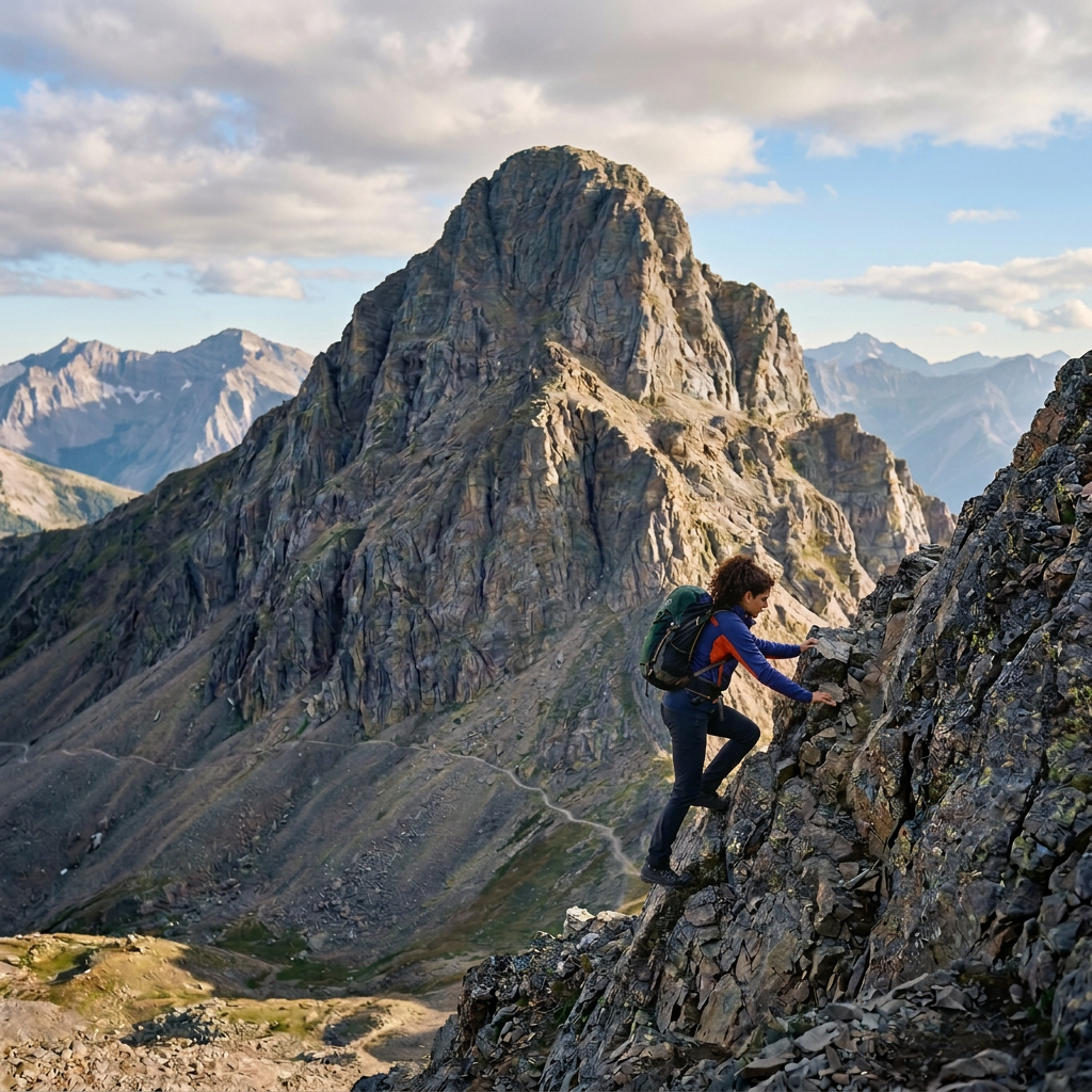 Hiker celebrating on rocky mountain summit with alpine peaks behind