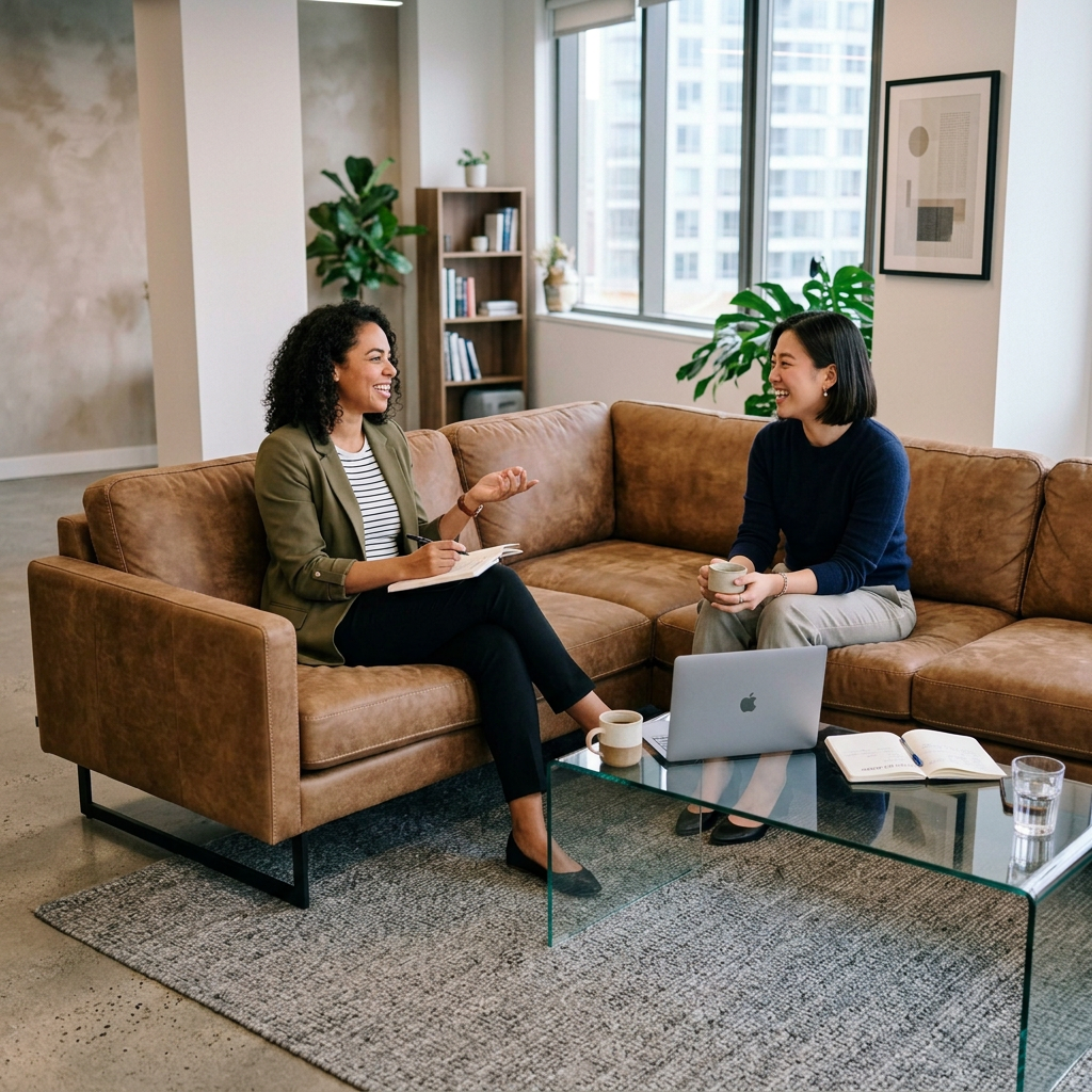 Two colleagues smiling together at an office table beside laptops and notes